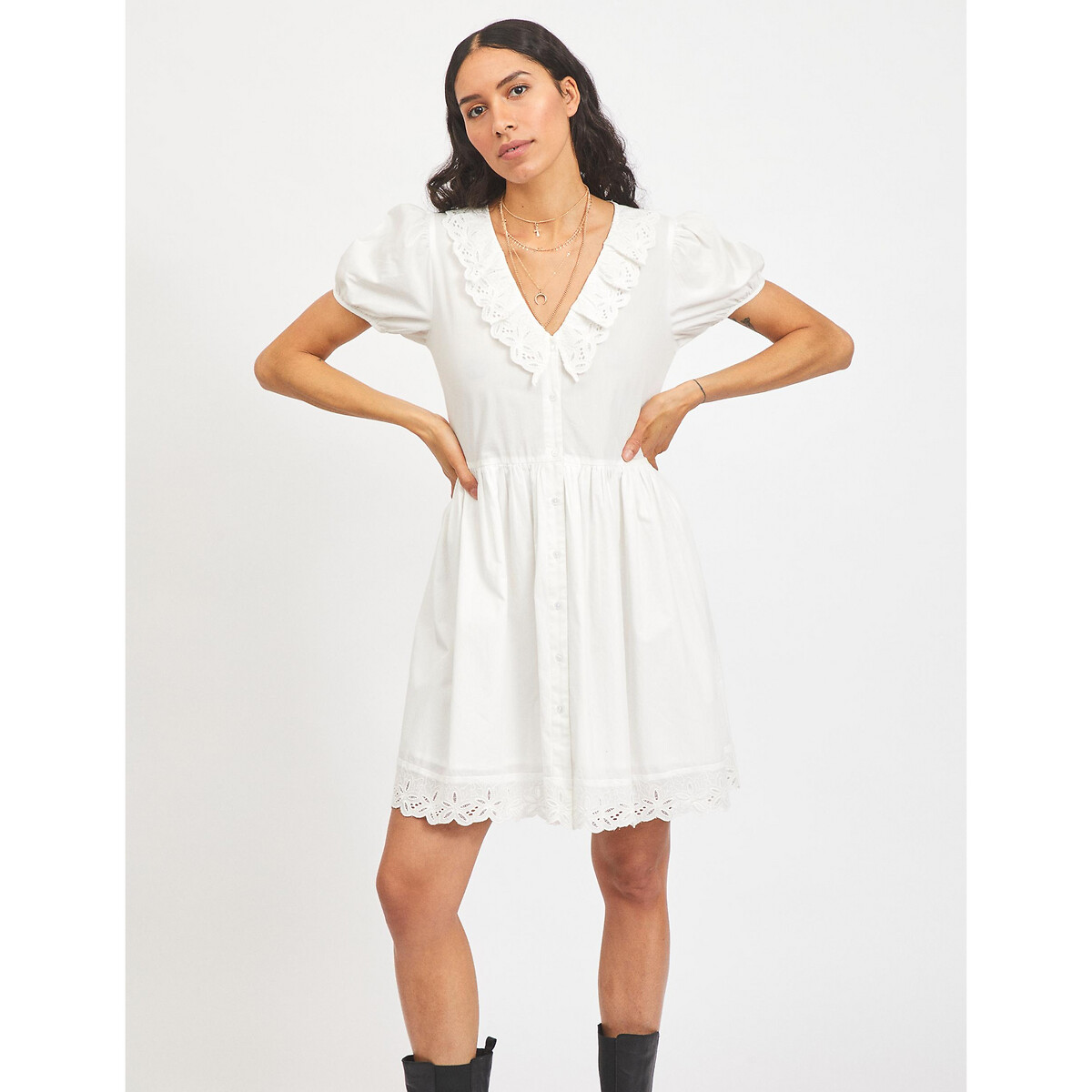 Embroidered cotton mini dress with v ...